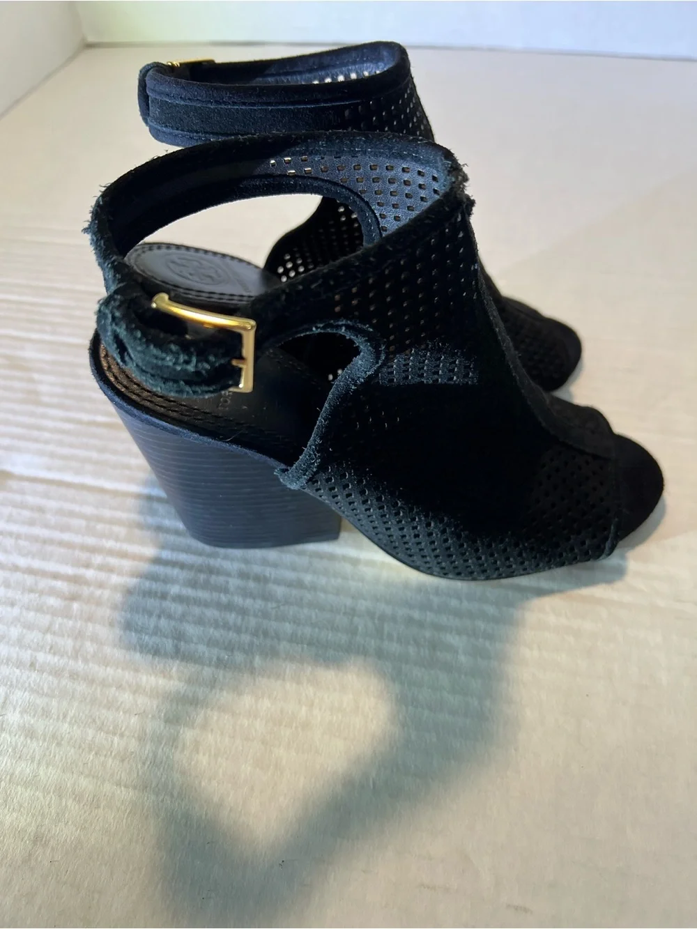 Tory Burch Black Perforated Suede Peep Toe Block Heel Sandals Size 8